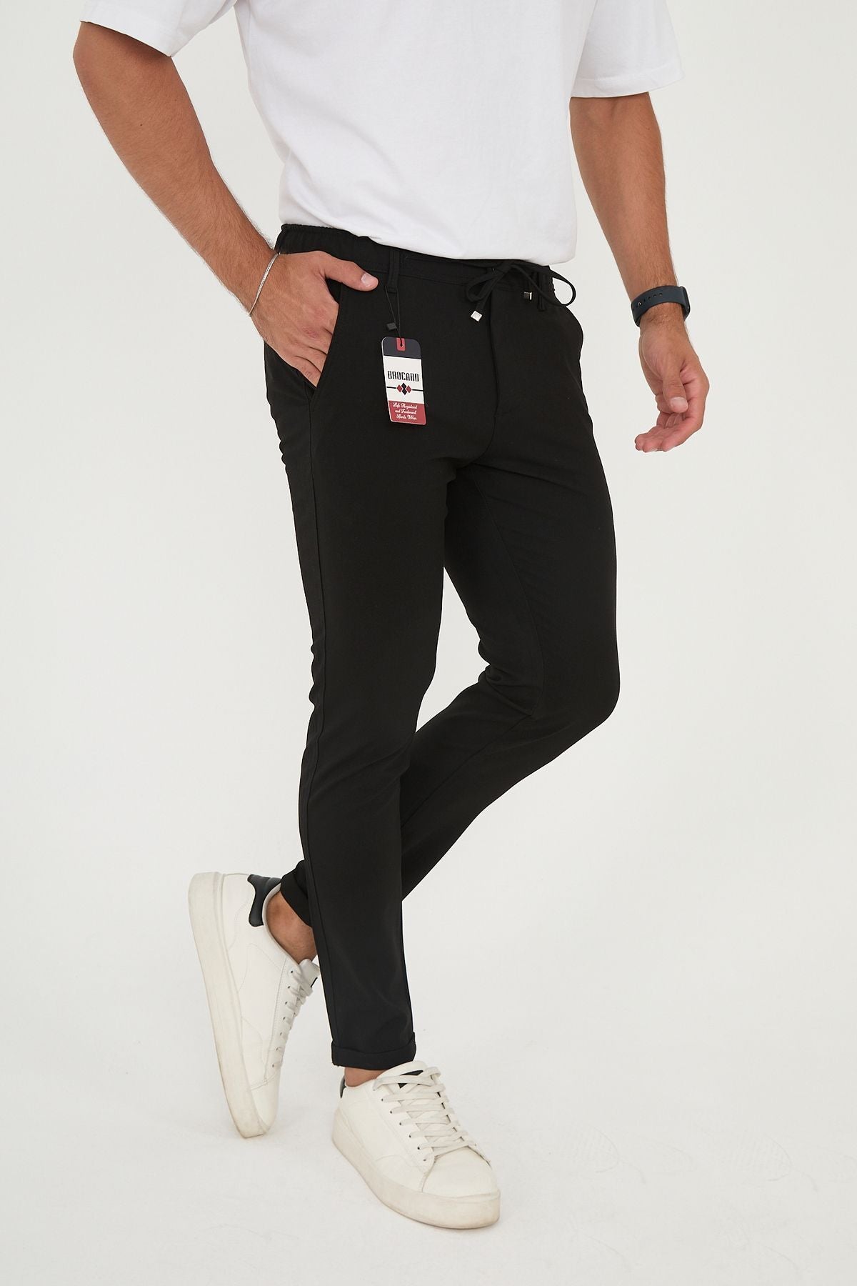 Erkek Jogger Slim Fit Bel Yarım Lastikli Duble Paça Kumaş Pantolon - Siyah