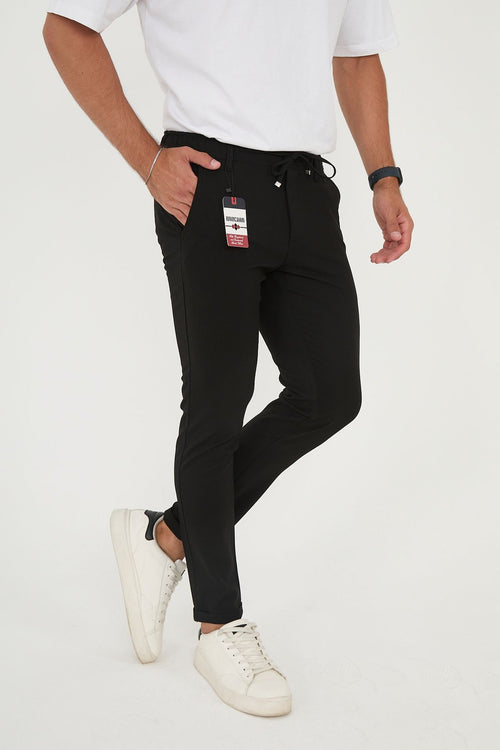 Erkek Jogger Slim Fit Bel Yarım Lastikli Duble Paça Kumaş Pantolon - Siyah