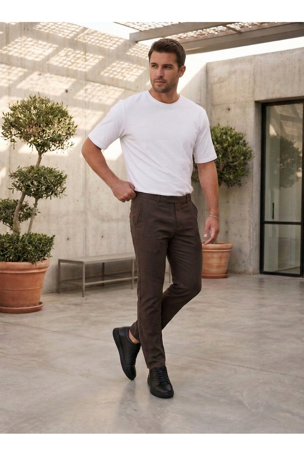 Erkek Comfort Slim Fit Esnek Dokuma Kumaş Pantolon - Kahverengi