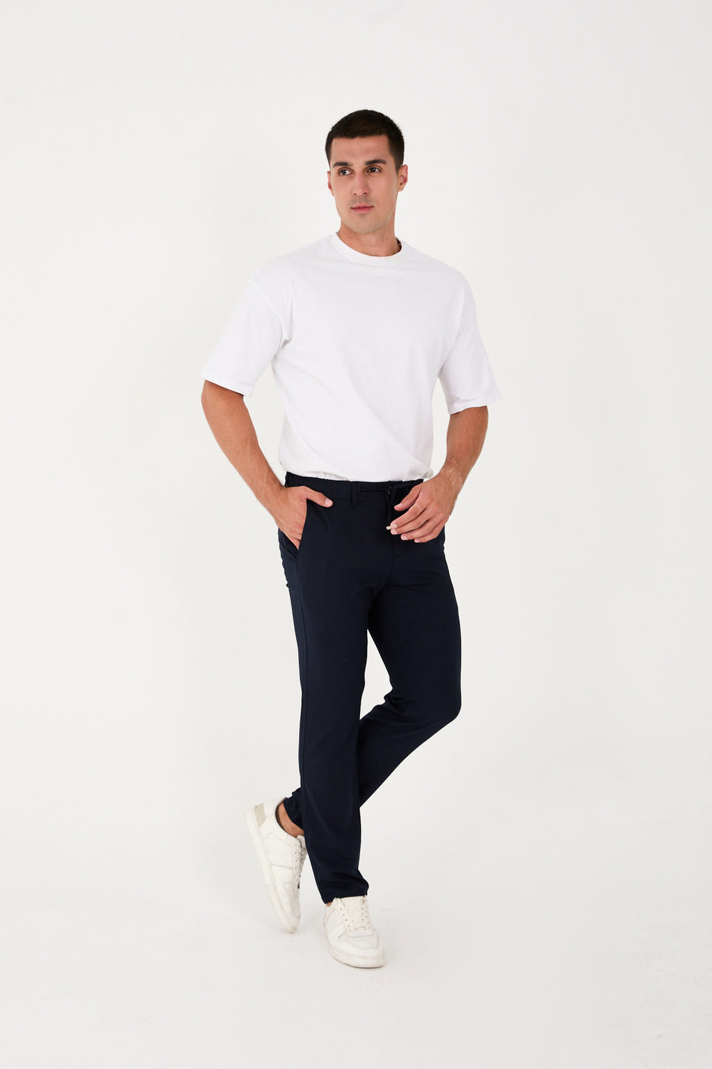 Erkek Jogger Slim Fit Bel Yarım Lastikli Likralı Kumaş Pantolon - Lacivert