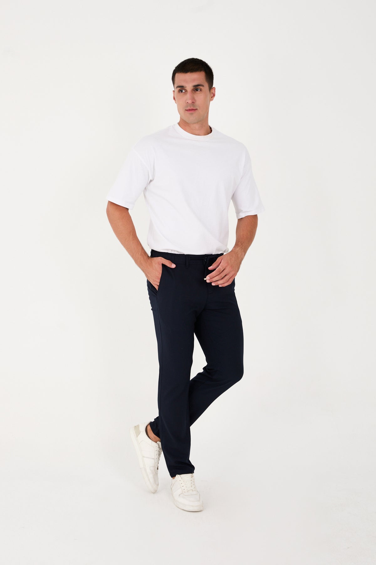 Erkek Jogger Slim Fit Bel Yarım Lastikli Likralı Kumaş Pantolon - Lacivert