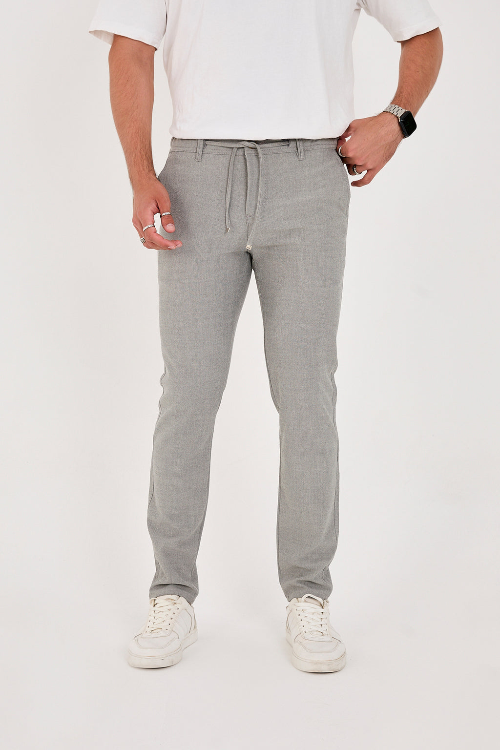 Erkek Gofre Kumaş Likralı Jogger Slim Fit Pantolon - Gri