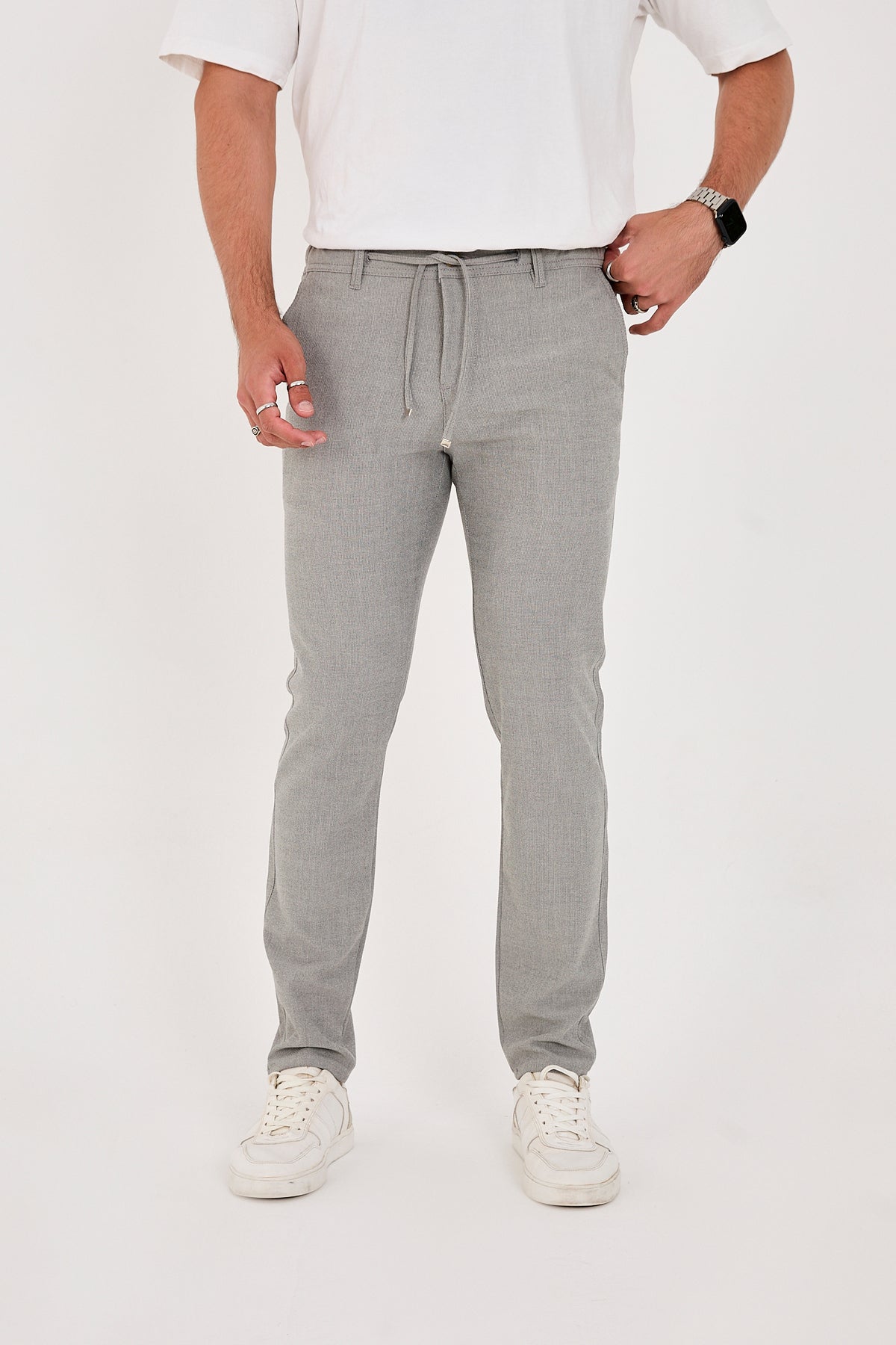 Erkek Gofre Kumaş Likralı Jogger Slim Fit Pantolon - Gri