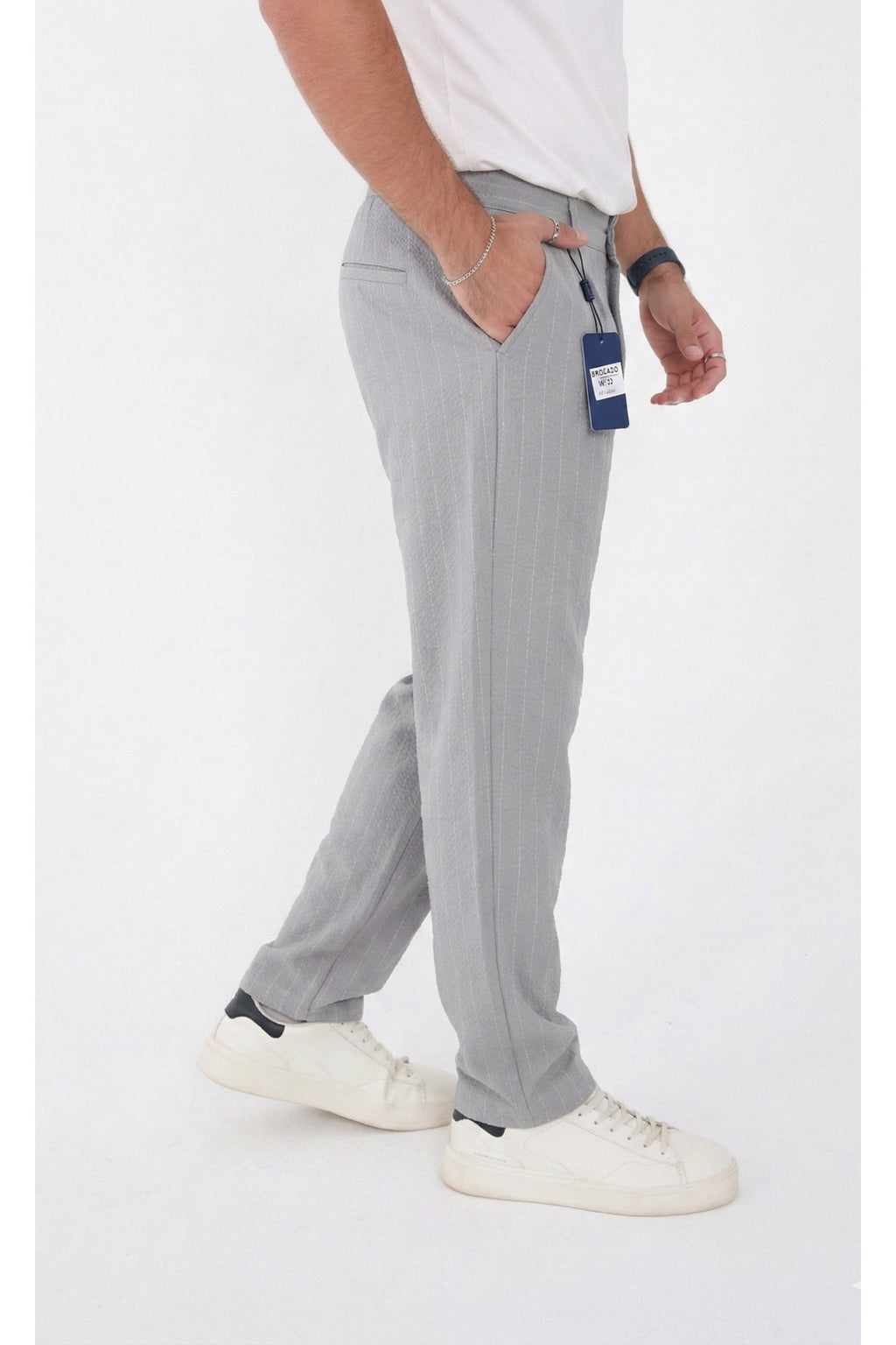 Erkek Çizgili Gofre Baggy Pantolon - Gri