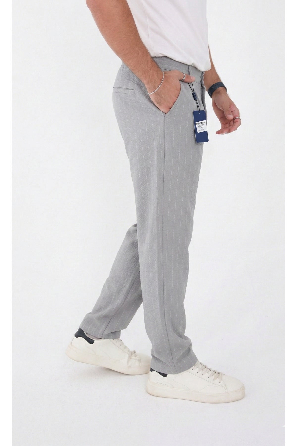 Erkek Çizgili Gofre Baggy Pantolon - Gri