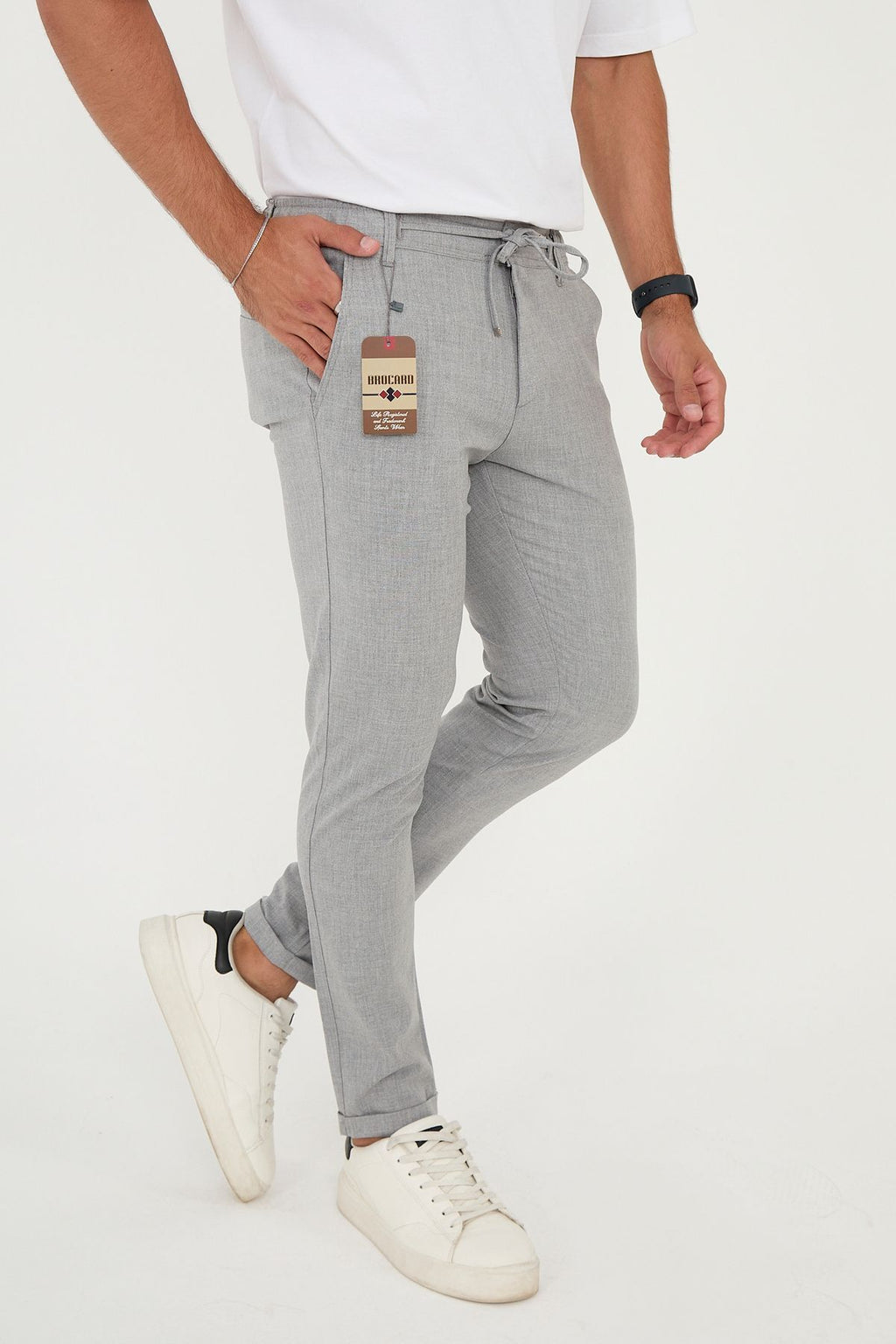 Erkek Jogger Slim Fit Bel Yarım Lastikli Duble Paça Kumaş Pantolon - Gri