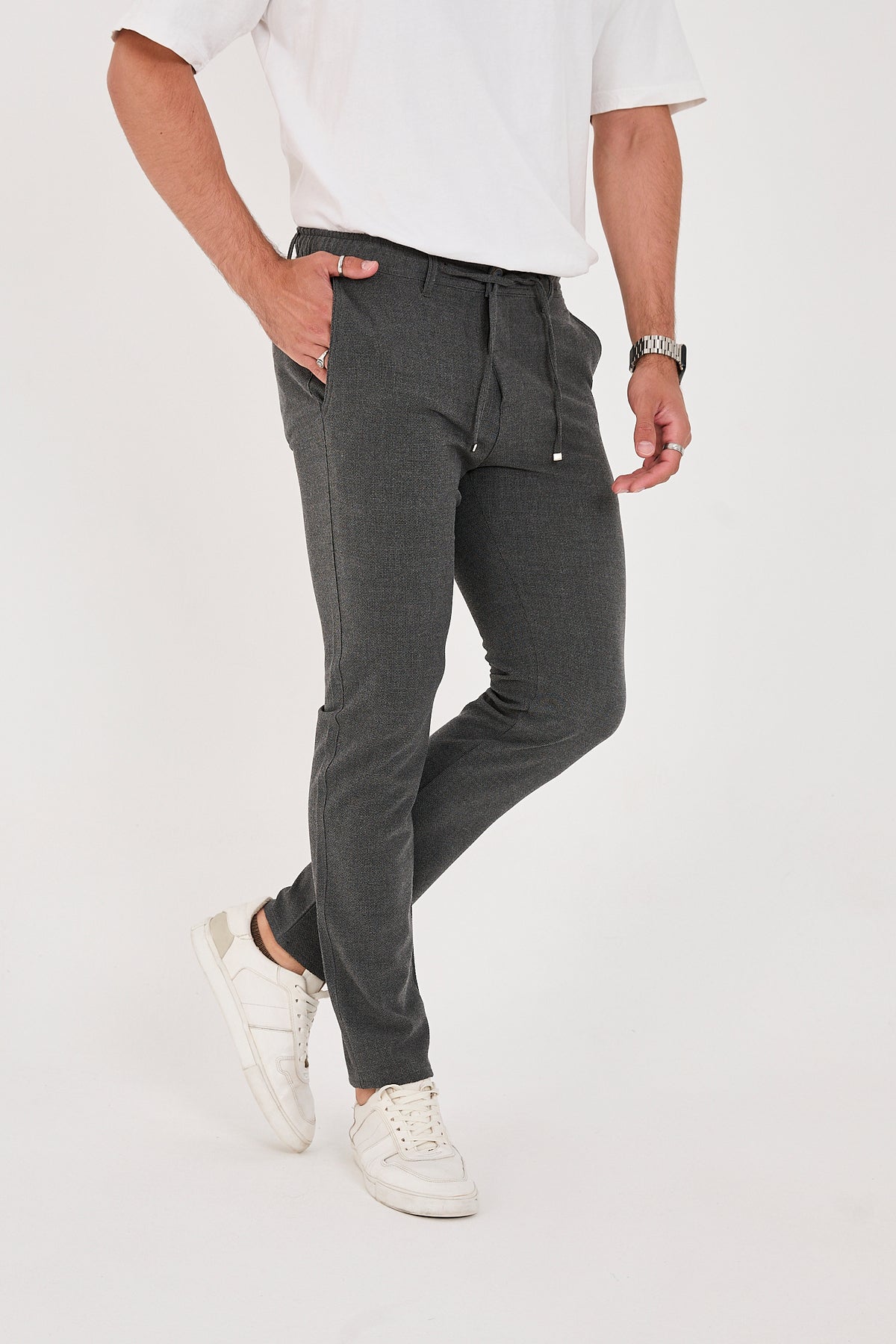 Erkek Gofre Kumaş Likralı Jogger Slim Fit Pantolon - Antrasit