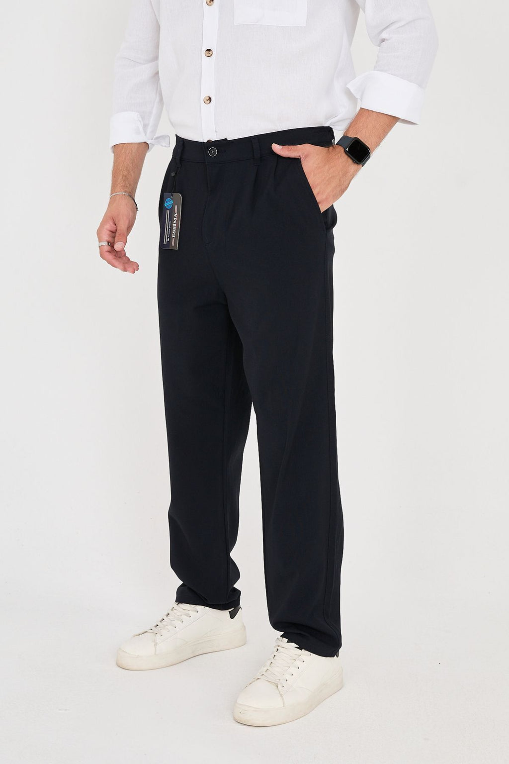 Erkek Çift Pileli Baggy Lastikli Bel Kumaş Pantolon - Lacivert