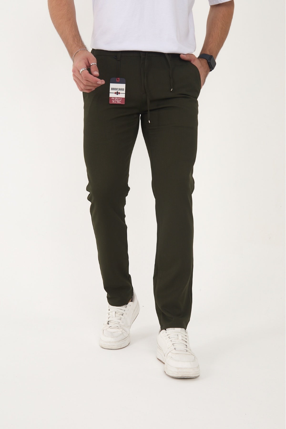 Erkek Kışlık Jogger Slim Fit Bel Yarım Lastikli Kumaş Pantolon - Haki
