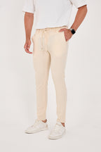 Erkek Gofre Kumaş Likralı Jogger Slim Fit Pantolon - Krem
