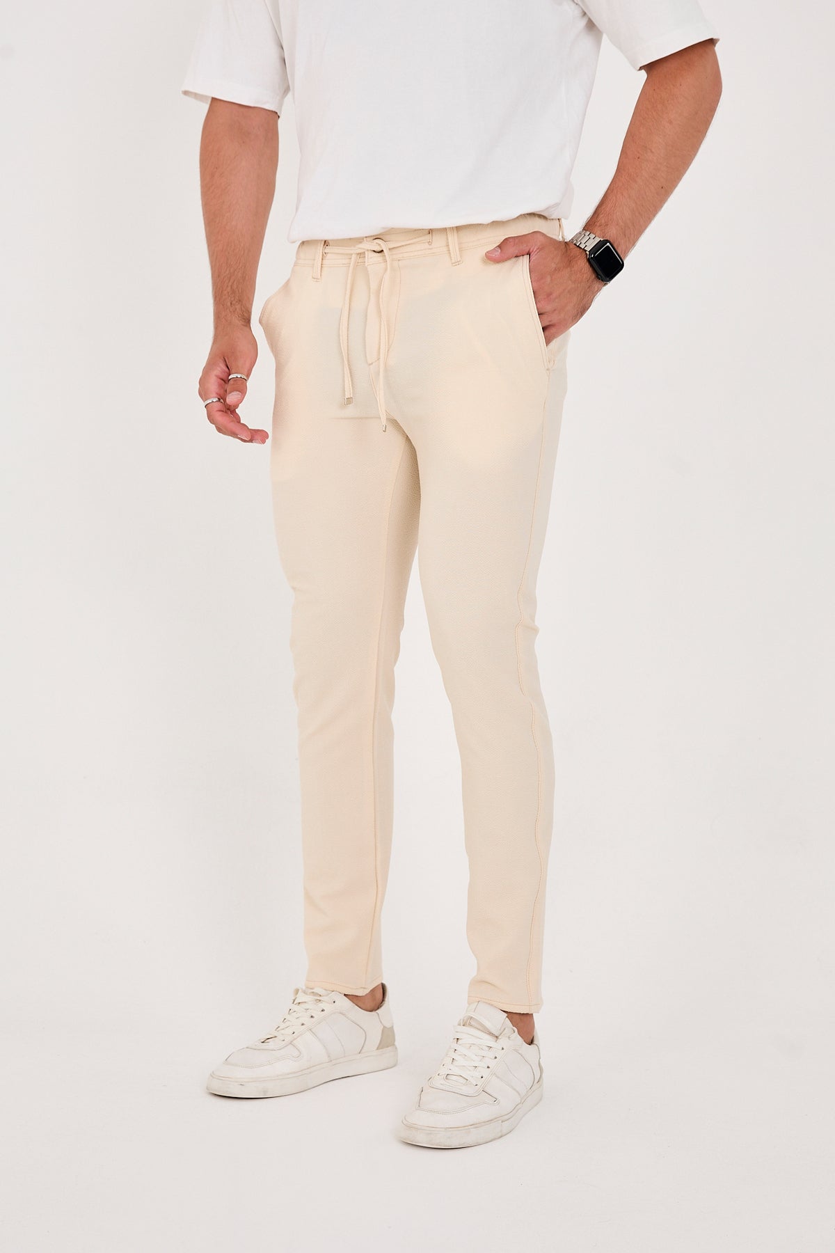 Erkek Gofre Kumaş Likralı Jogger Slim Fit Pantolon - Krem