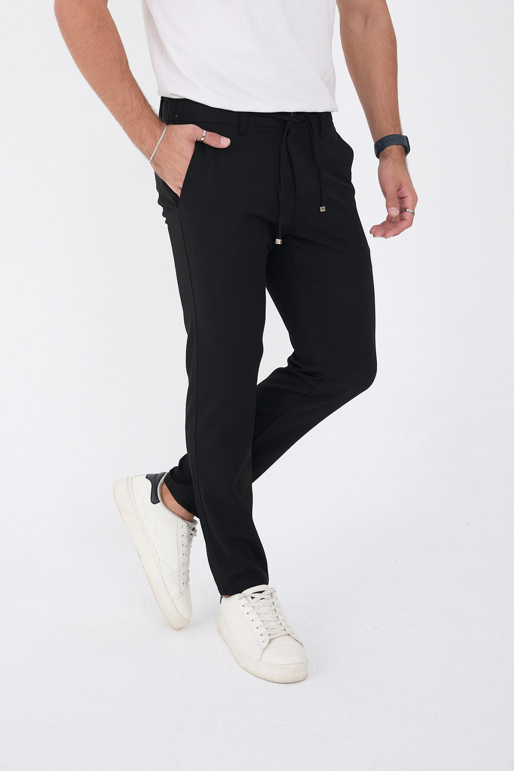 Erkek Kışlık Jogger Slim Fit Bel Yarım Lastikli Kumaş Pantolon - Siyah