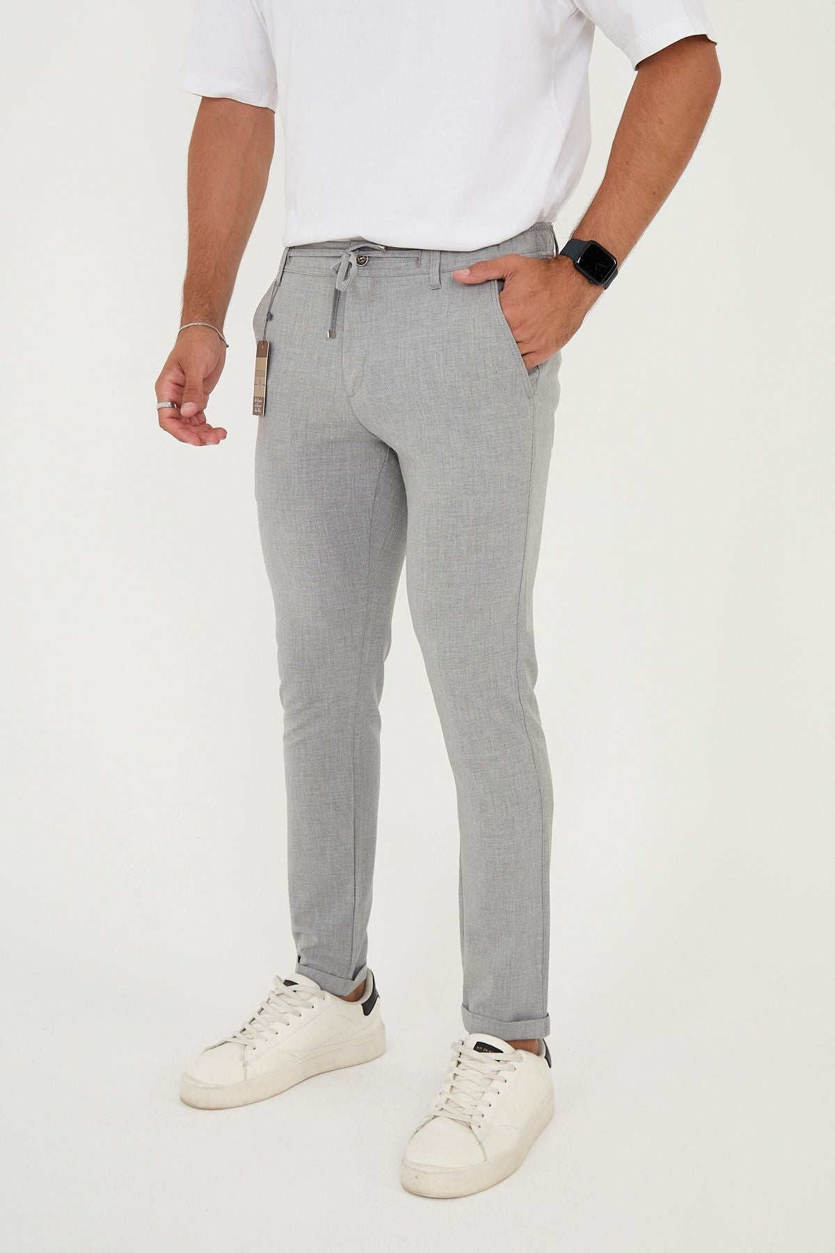 Erkek Jogger Slim Fit Bel Yarım Lastikli Duble Paça Kumaş Pantolon - Gri