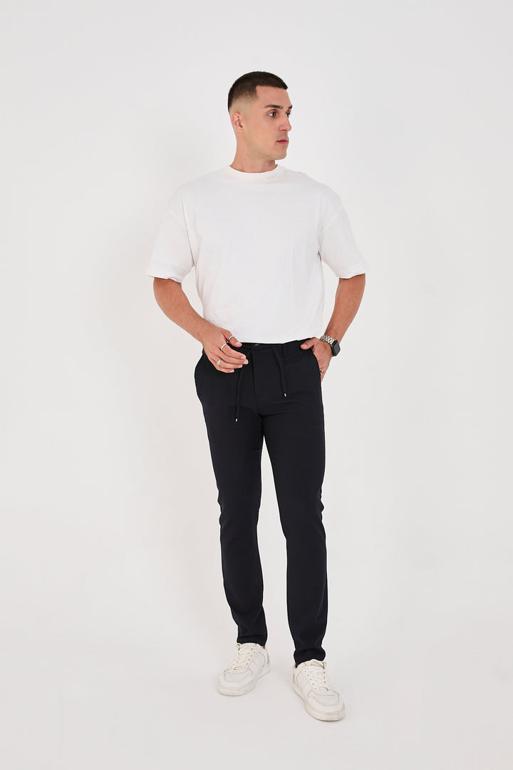 Erkek Gofre Kumaş Likralı Jogger Slim Fit Pantolon - Lacivert