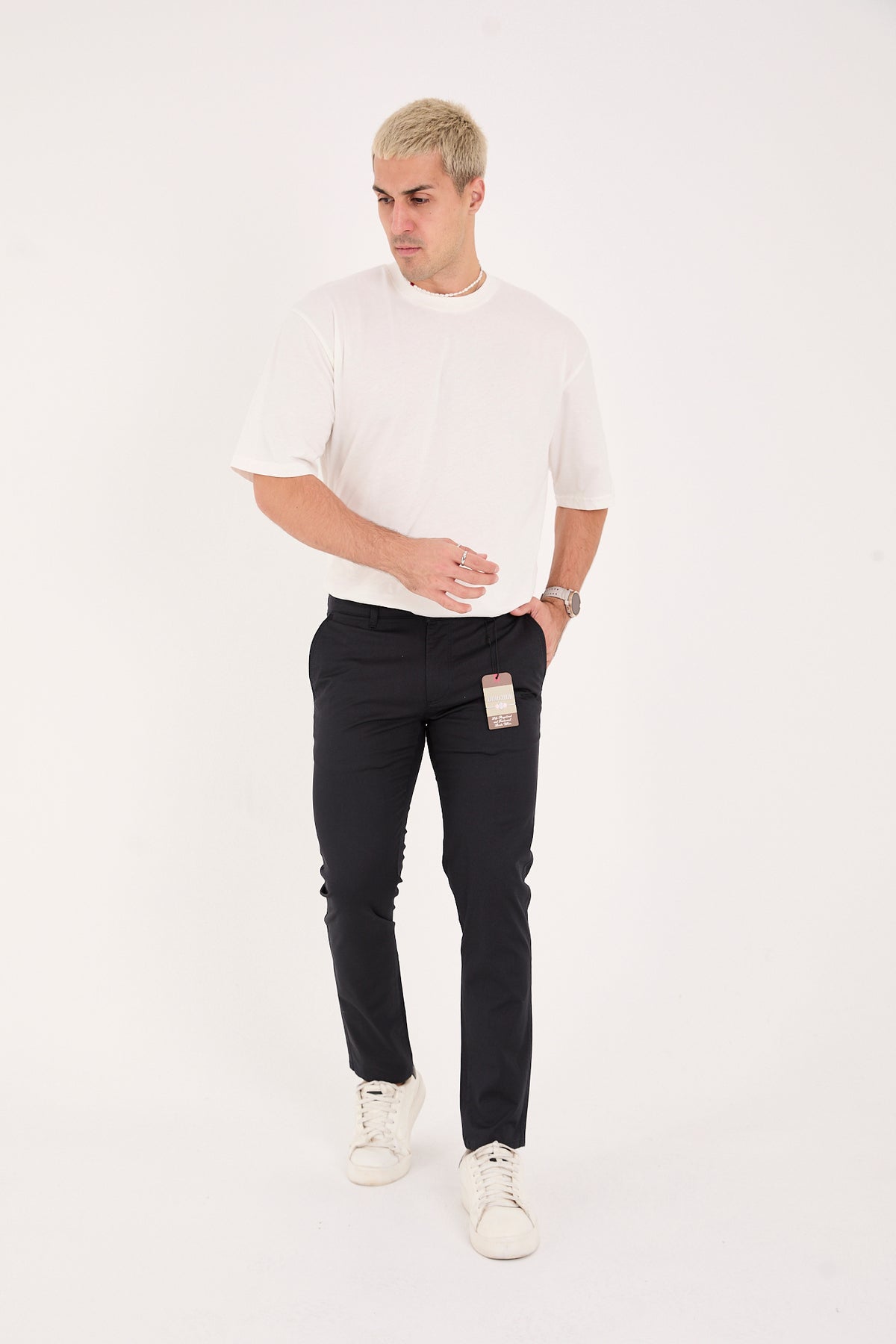 Erkek Slim Fit Dar Kesim Likralı Pamuklu Chino Kanvas Pantolon - Lacivert