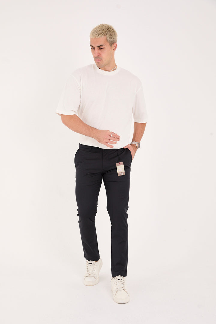 Erkek Slim Fit Dar Kesim Likralı Pamuklu Chino Kanvas Pantolon - Lacivert