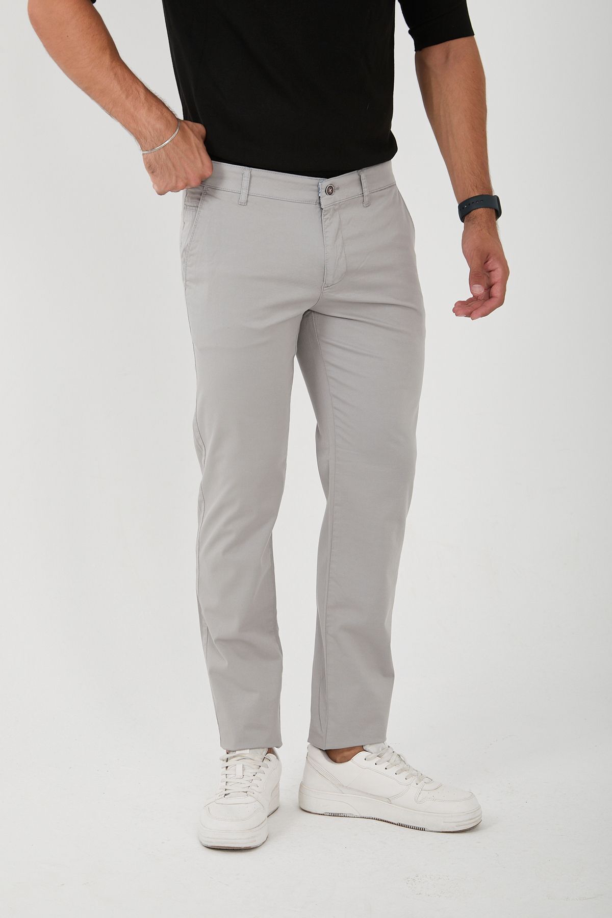Erkek Likralı Slim Fit Chino Pantolon - Açık Gri