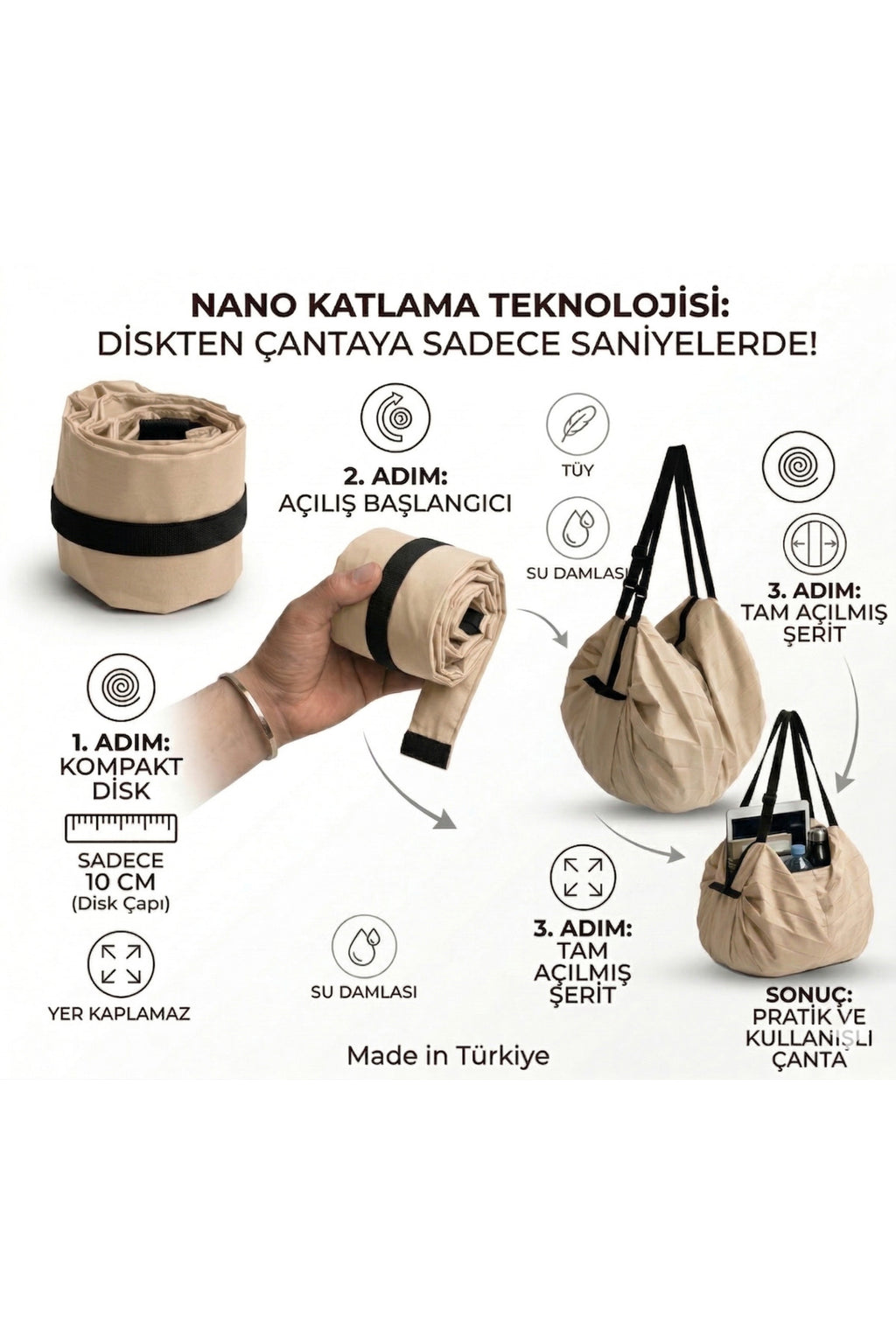 Katlanabilir Akordeon Çanta 2'si 1 Arada Sırt ve Omuz Çantası - Bej