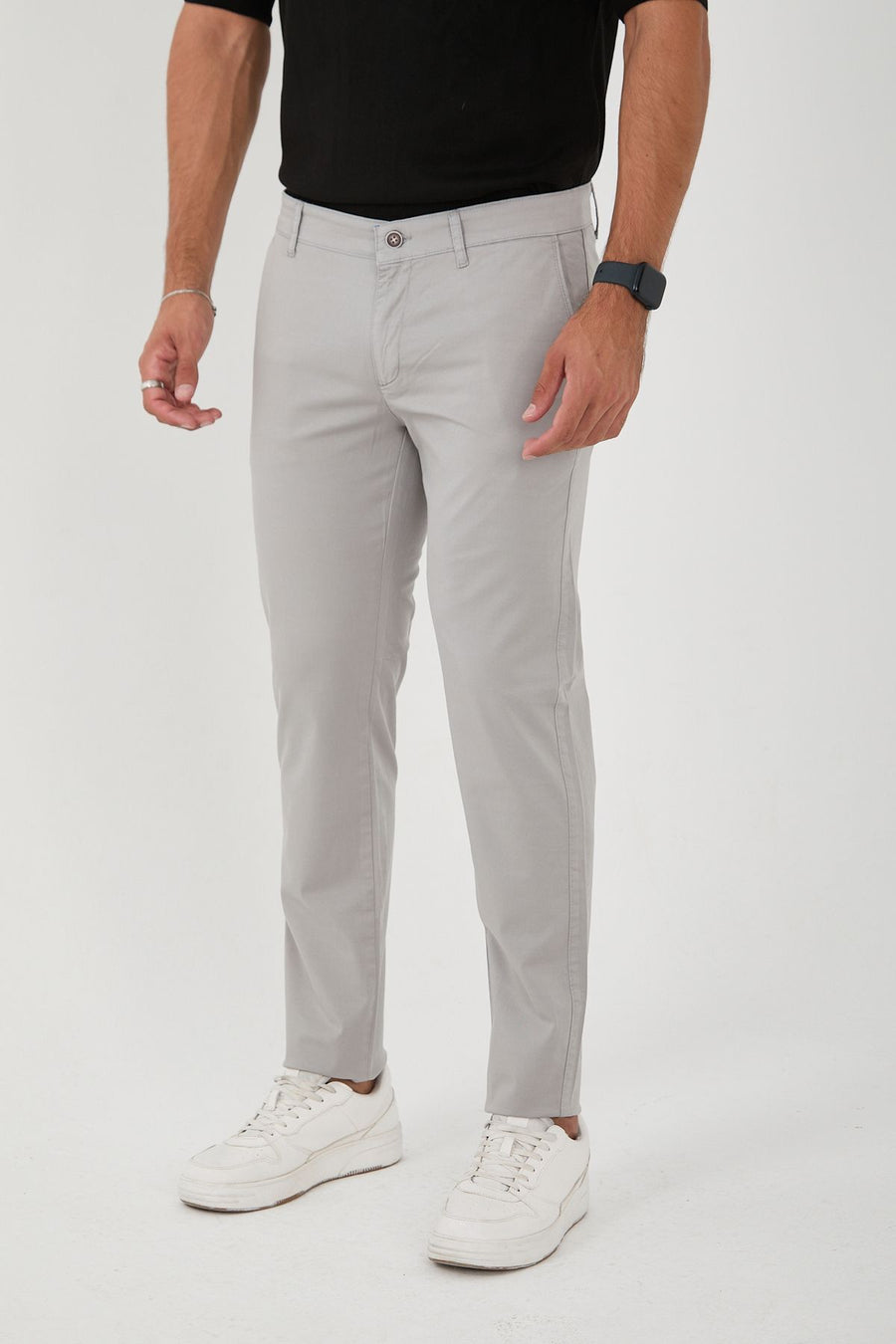 Erkek Likralı Slim Fit Chino Pantolon - Açık Gri