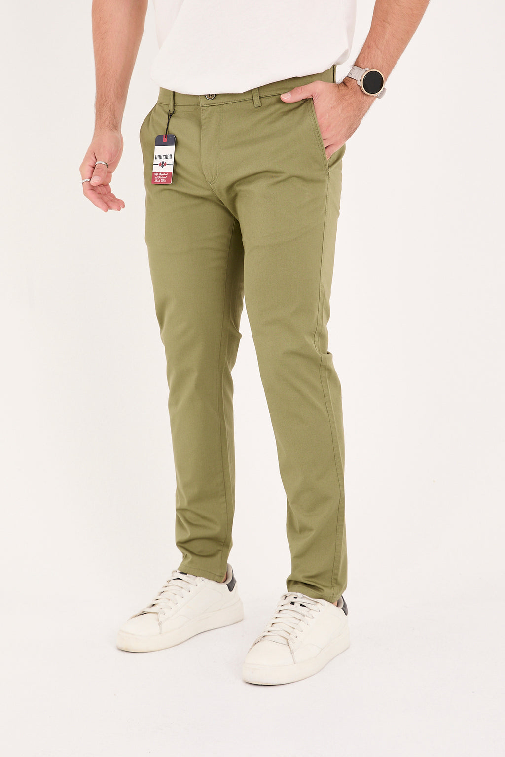 Erkek Slim Fit Dar Kesim Likralı Pamuklu Chino Kanvas Pantolon - Haki