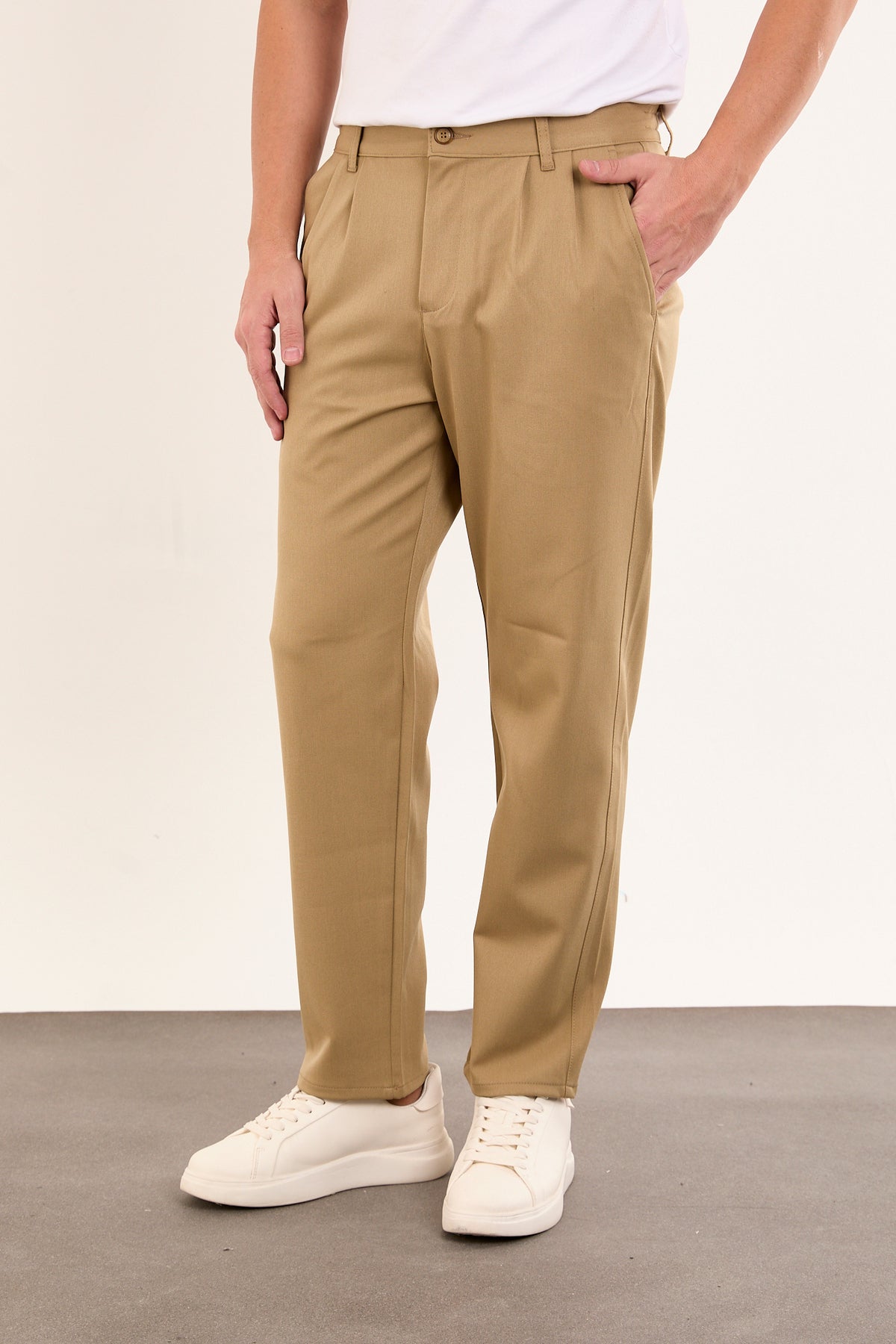 Erkek Kışlık Baggy Likralı Kumaş Pantolon - Vizon