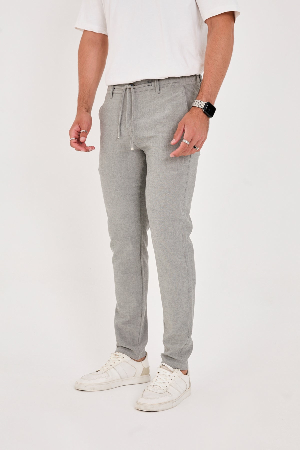 Erkek Gofre Kumaş Likralı Jogger Slim Fit Pantolon - Gri