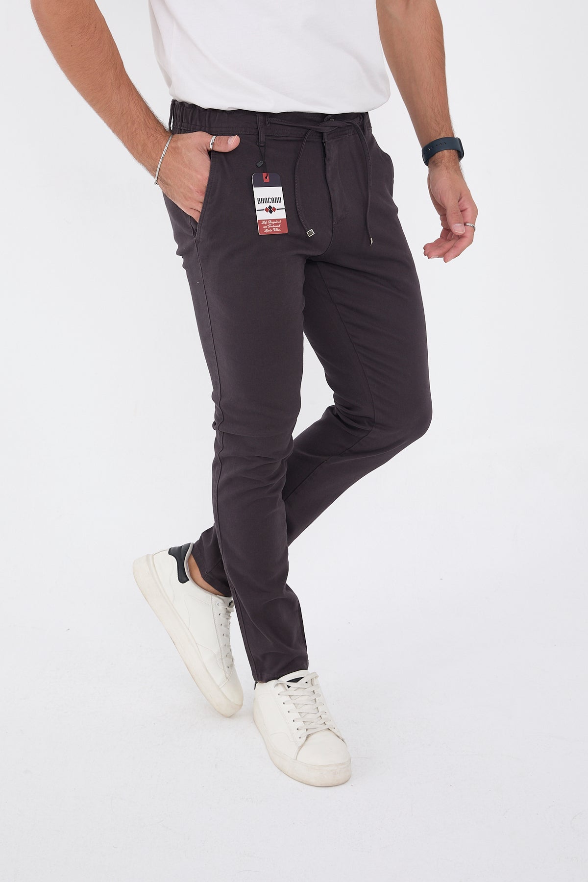 Erkek Mevsimlik Jogger Slim Fit Bel Yarım Lastikli Likralı Keten Pantolon - Antrasit