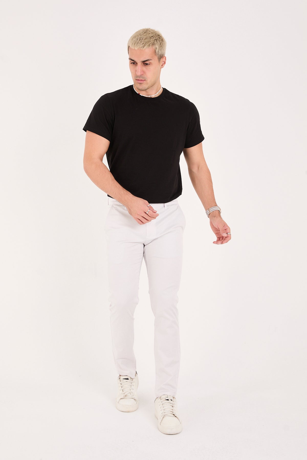 Erkek Slim Fit Dar Kesim Likralı Pamuklu Chino Kanvas Pantolon - Taş
