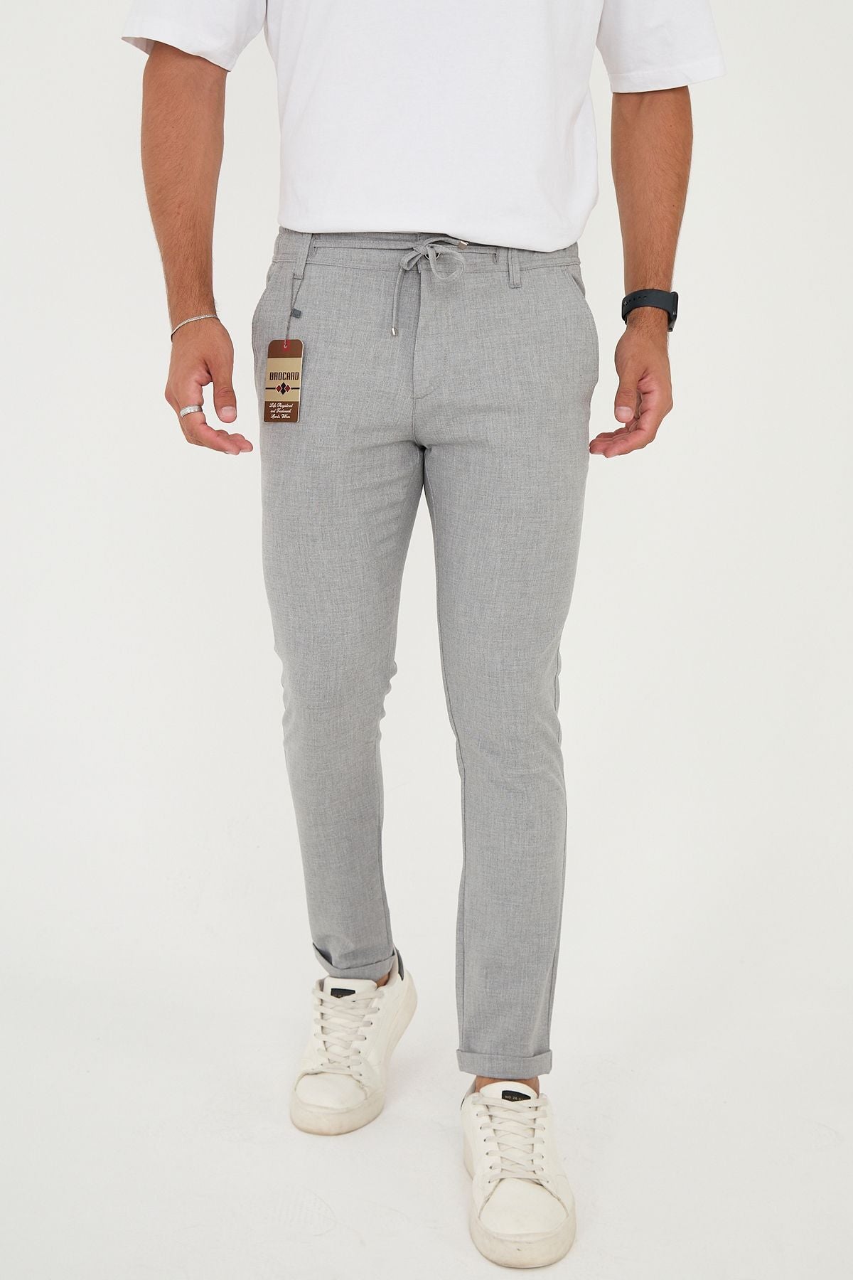 Erkek Jogger Slim Fit Bel Yarım Lastikli Duble Paça Kumaş Pantolon - Gri