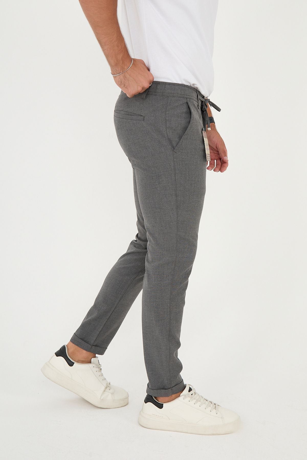 Erkek Jogger Slim Fit Bel Yarım Lastikli Duble Paça Kumaş Pantolon - Koyu Gri