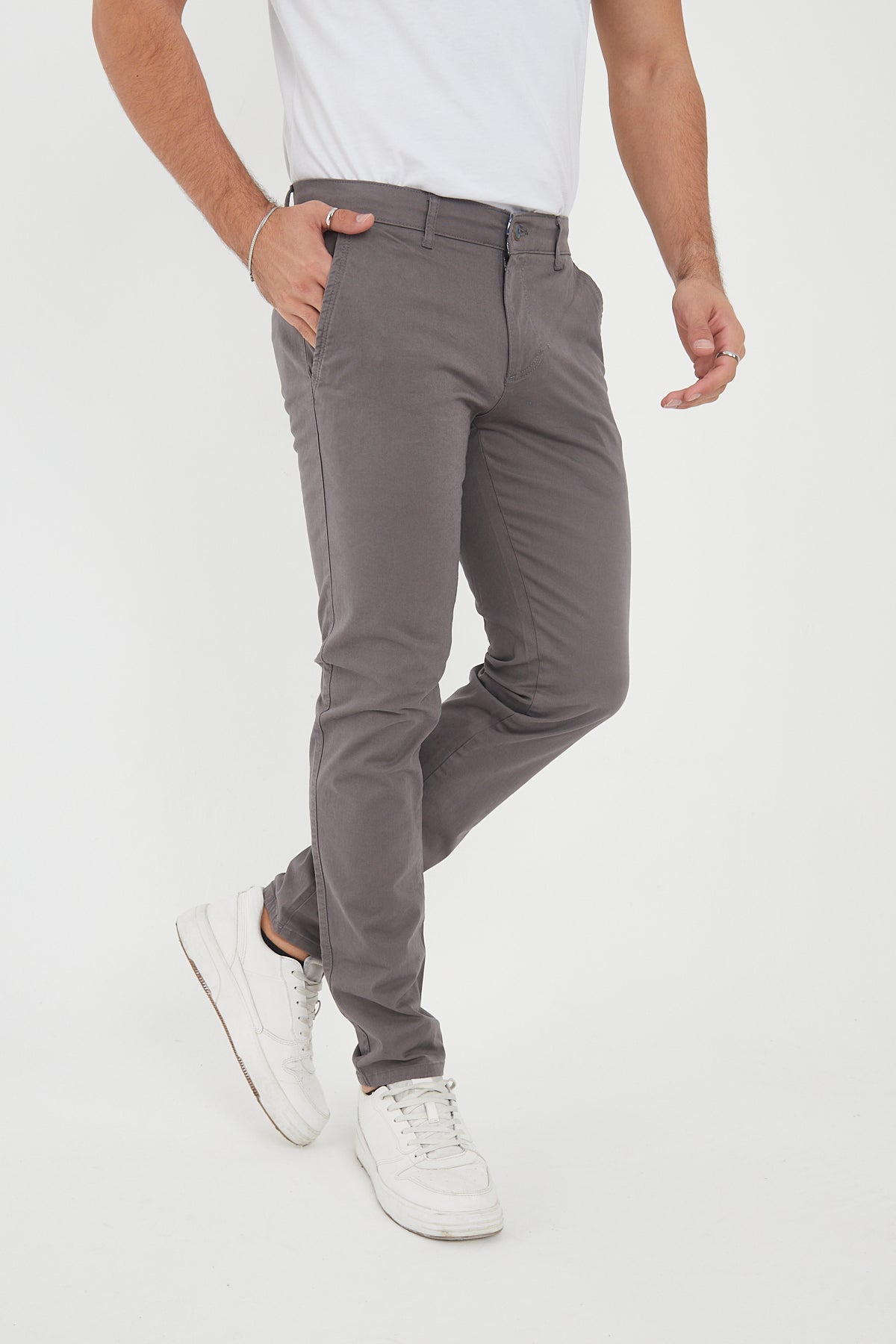 Erkek Kışlık Slim Fit Likralı Chino Pantolon - Gri