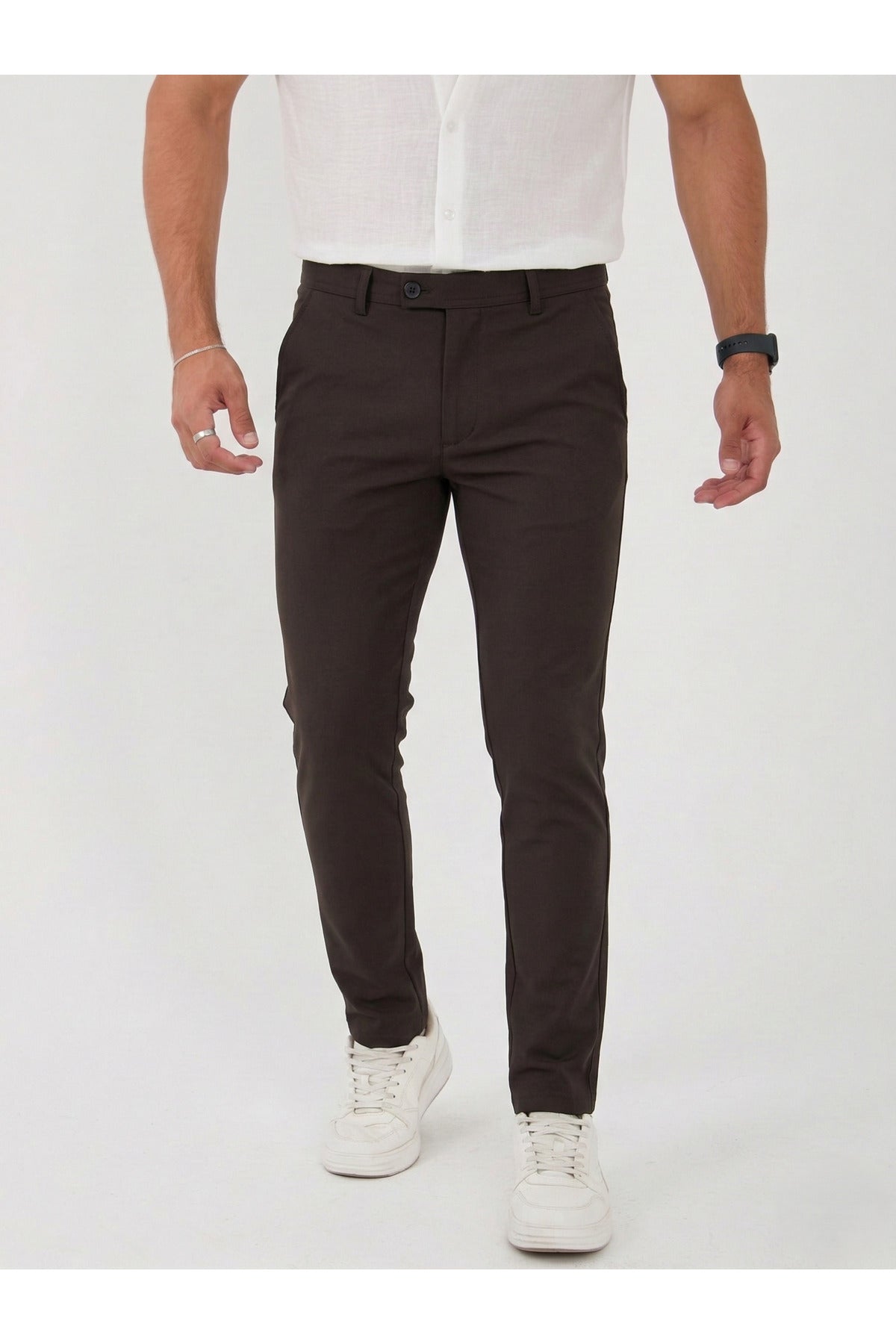 Erkek Comfort Slim Fit Esnek Dokuma Kumaş Pantolon - Kahverengi