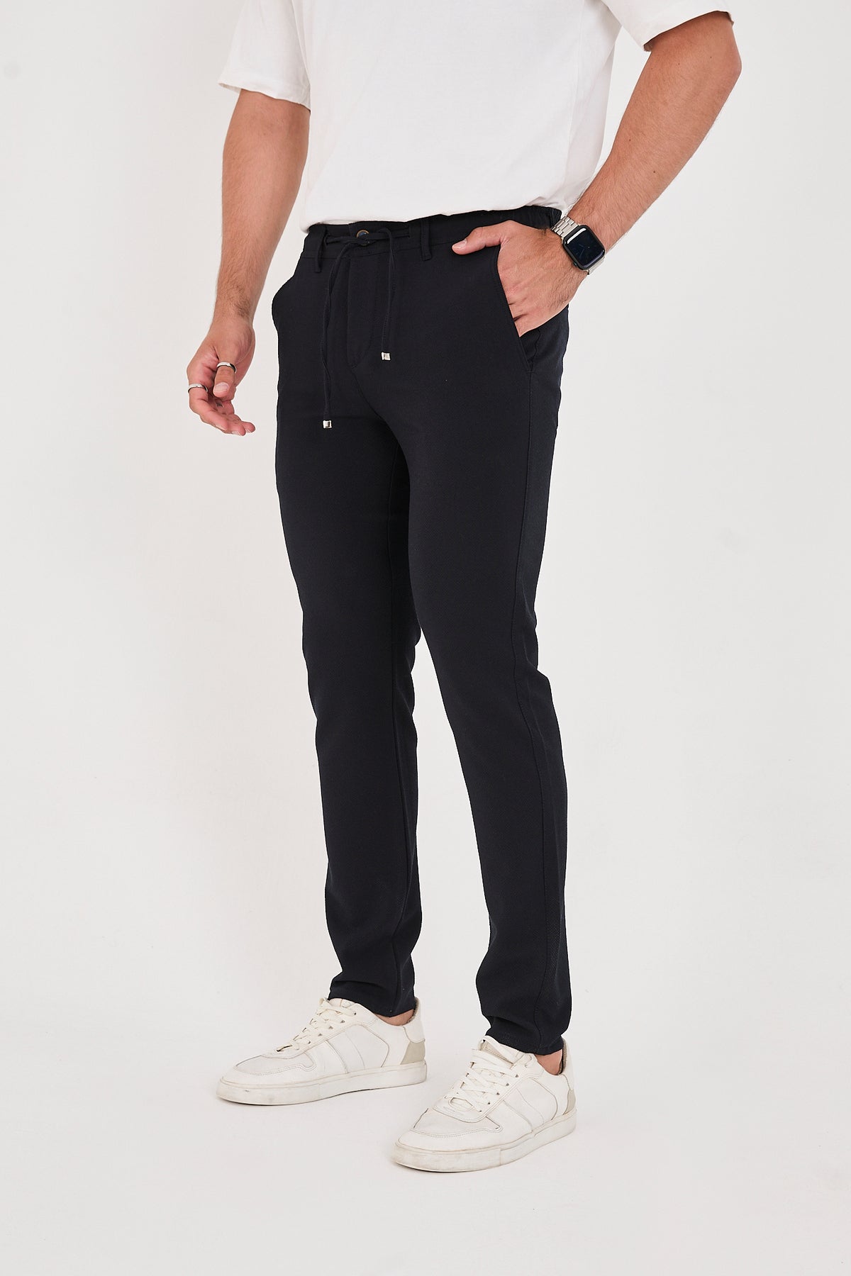 Erkek Gofre Kumaş Likralı Jogger Slim Fit Pantolon - Lacivert