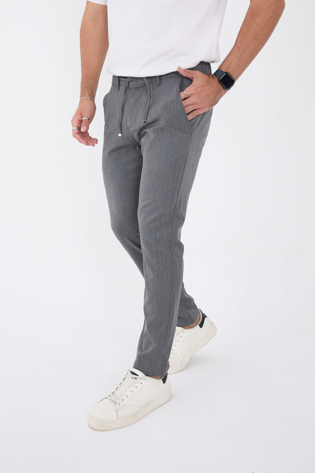 Erkek Kışlık Jogger Slim Fit Bel Yarım Lastikli Kumaş Pantolon - Koyu Gri