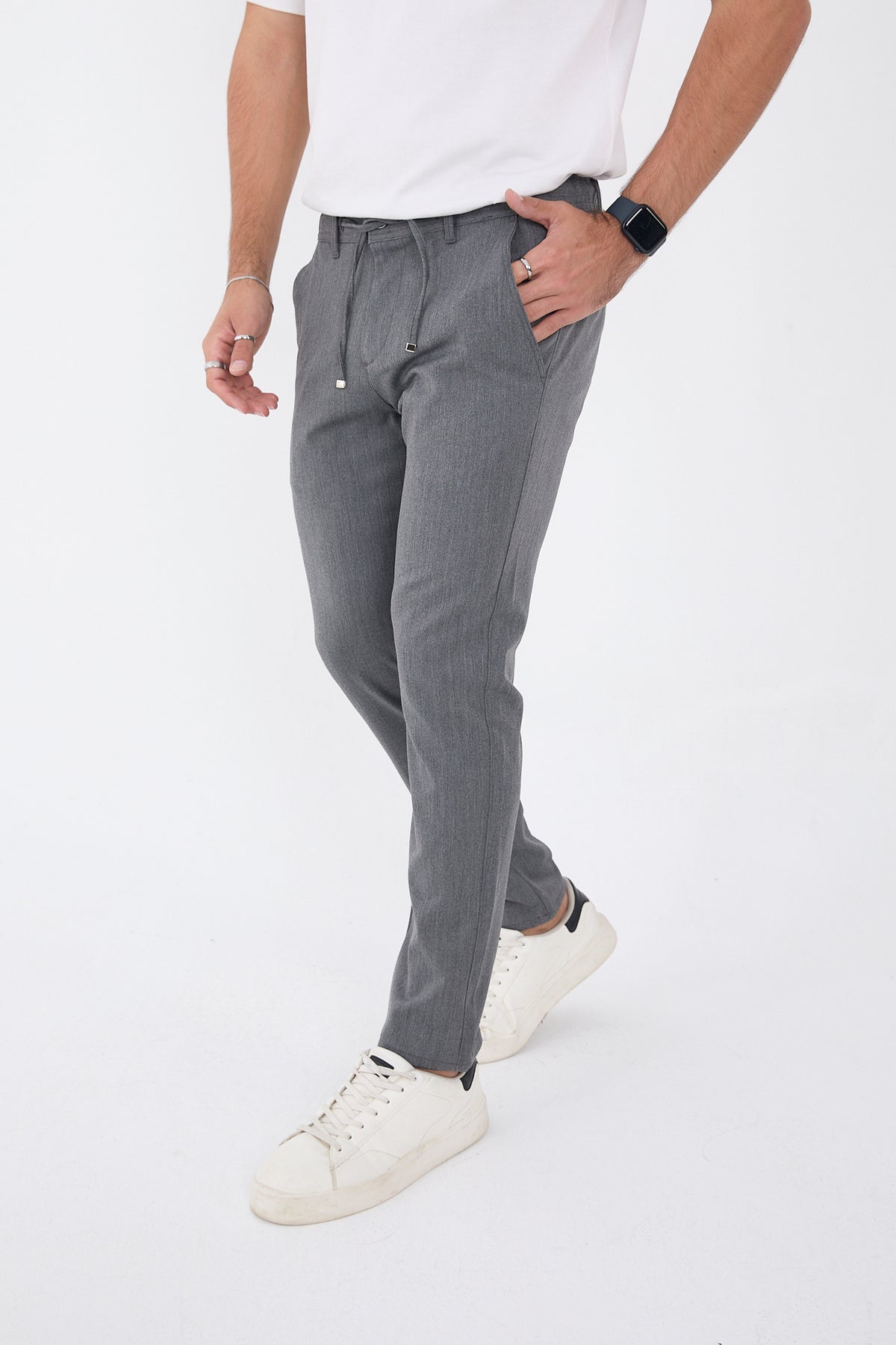 Erkek Kışlık Jogger Slim Fit Bel Yarım Lastikli Kumaş Pantolon - Koyu Gri