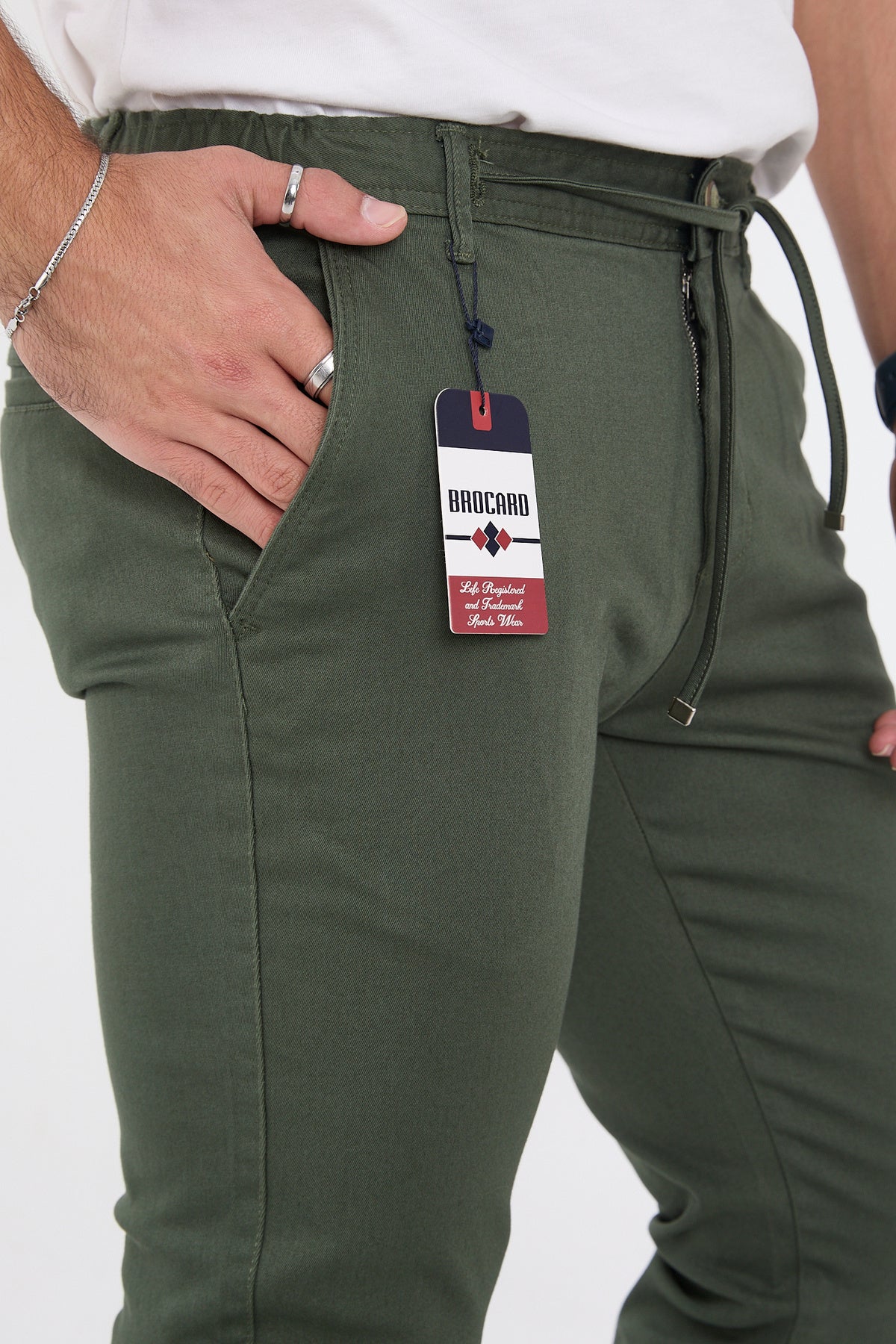 Erkek Mevsimlik Jogger Slim Fit Bel Yarım Lastikli Likralı Keten Pantolon - Haki