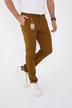 Erkek Mevsimlik Jogger Slim Fit Bel Yarım Lastikli Likralı Keten Pantolon - Camel