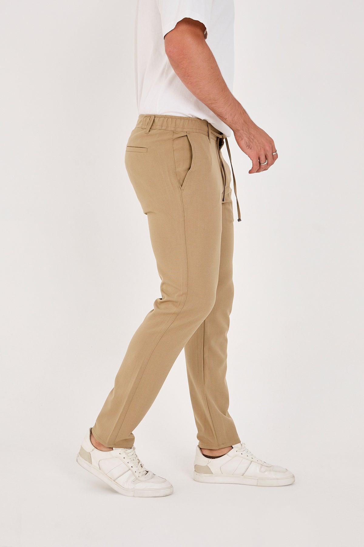 Erkek Jogger Slim Fit Bel Yarım Lastikli Likralı Kumaş Pantolon - Vizon